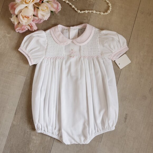 White & Pink Bow Smocked Bubble Romper Feltman Brothers/Friedknit